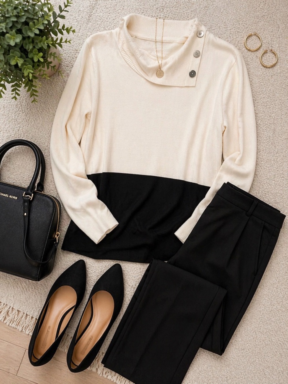 Cream & Black Two-Tone Cowl Neck Sweater | Button Shoulder Detail | Classic Chic